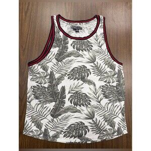 Distortion Men’s Gray Tropical Print Tank Top with Red Trim Size Large